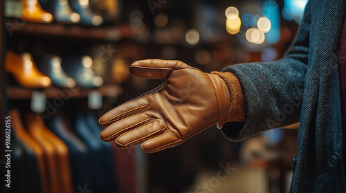  a stylish leather gloves displayed in augmented reality, with material quality, touch screen compatibility, and size options in a winter fashion boutique