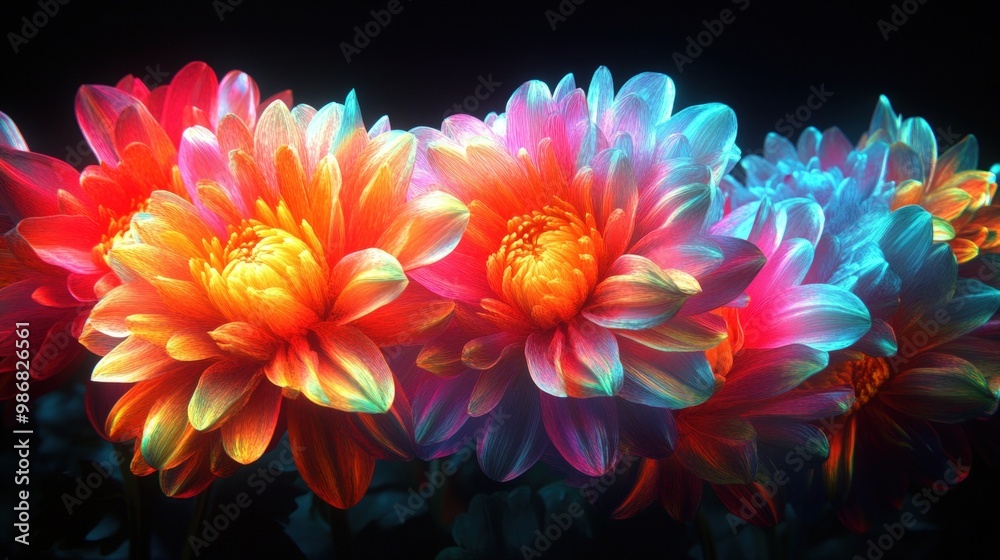 Vibrant pink, orange, and blue chrysanthemums in a row against a black background. Vibrant pink, orange, and blue chrysanthemums in a row against a black background.