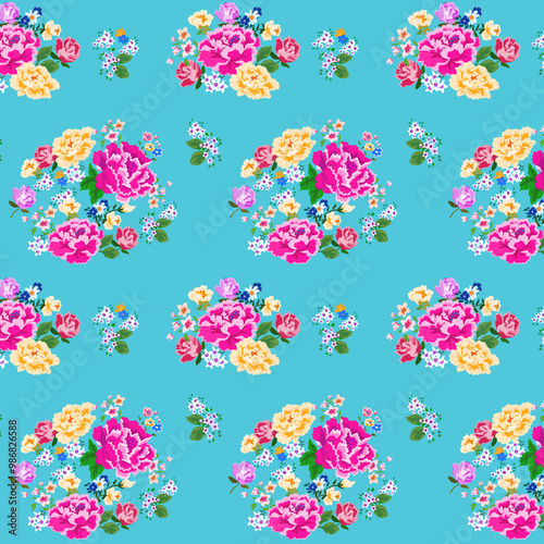 台湾花布のシームレスパターン＿水色