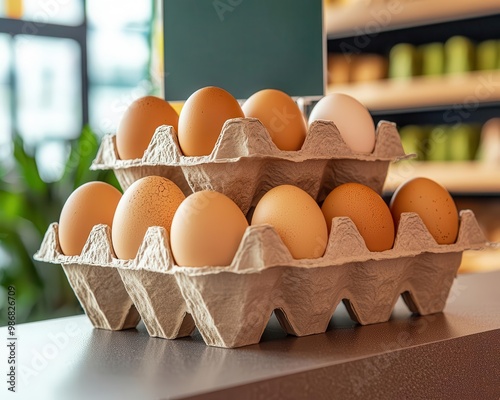 A display of bulk organic egg cartons in a zero-waste store, with signage promoting sustainable, eco-friendly bulk shopping photo