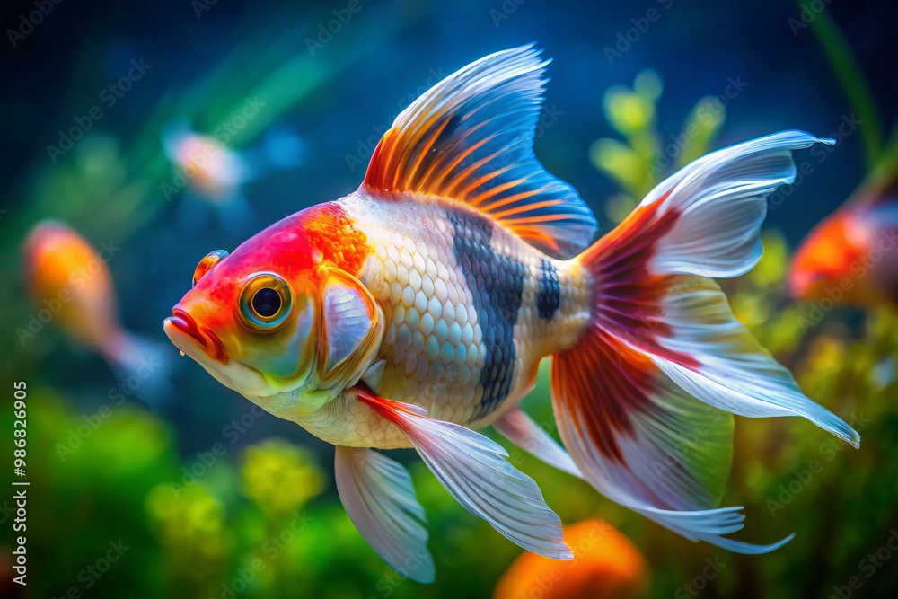 The Shubunkin goldfish boasts a kaleidoscope of colors, including orange, blue, and white, as its telescope eye pierces The Shubunkin goldfish boasts a kaleidoscope of colors, including orange, blue, and white, as its telescope eye pierces