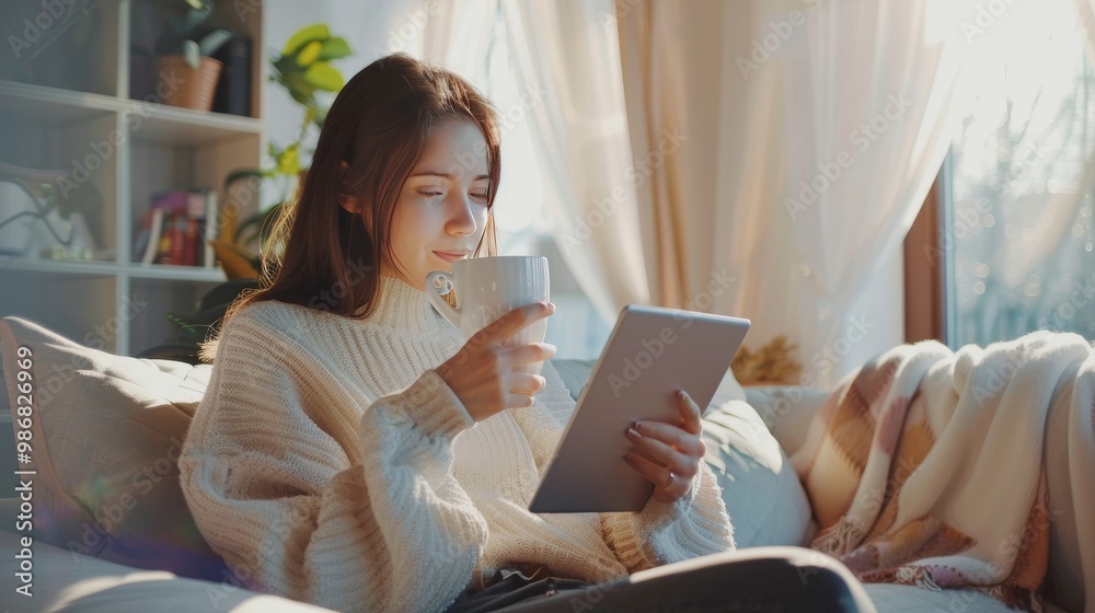 Young pretty woman using tablet and drinking coffee on sofa in light living room Young pretty woman using tablet and drinking coffee on sofa in light living room