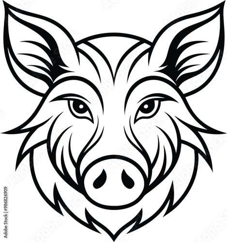 Boar's head tribal tattoo line art illustration on black and white.