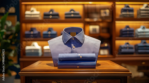  a stylish men’s dress shirt displayed in augmented reality, with fabric details, fit options, and color choices in a luxury clothing store photo