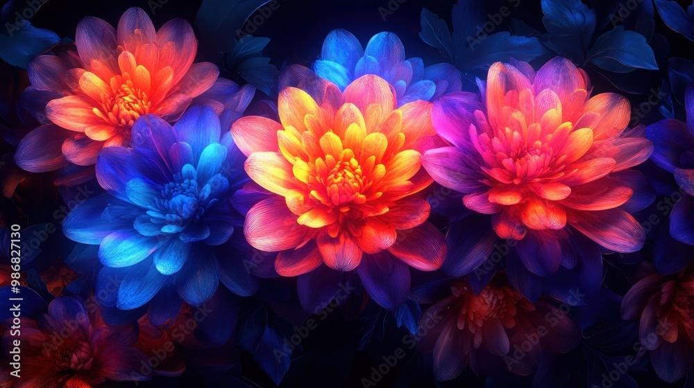 Vibrant neon flowers glowing in the dark. Vibrant neon flowers glowing in the dark.