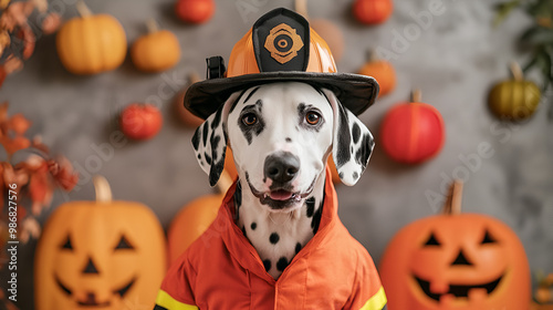 Dalmatian in a firefighter costume with Halloween decorations, heroic Halloween pet, festive ambiance photo