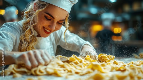 Fototapeta Naklejka Na Ścianę i Meble -  Smiling Female Chef Making Fresh Pasta