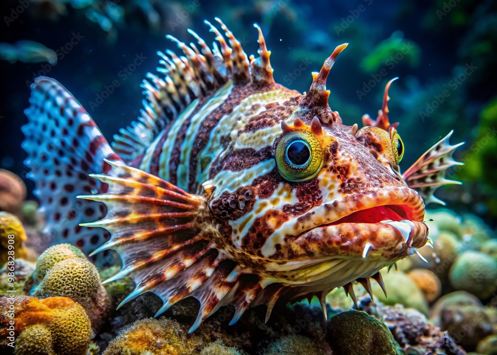 The venomous fish's mottled scales and razor-sharp spines enable it to seamlessly blend into the rocky seafloor, hiding The venomous fish's mottled scales and razor-sharp spines enable it to seamlessly blend into the rocky seafloor, hiding