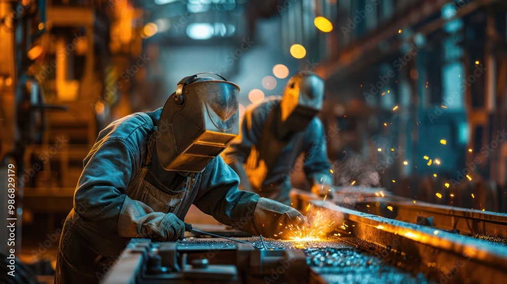Metallurgical Plant Welding: Workers in Protective Gear Metallurgical Plant Welding: Workers in Protective Gear