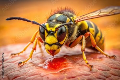 The yellow jacket's stinger protrudes, injecting venom into tender skin, as pink and red inflammation spreads, a photo