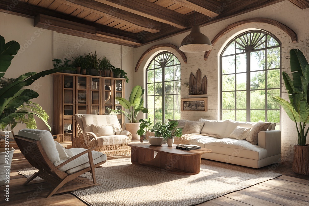 Fototapeta premium PhotoCozy farmhouse living room interior, 3d render