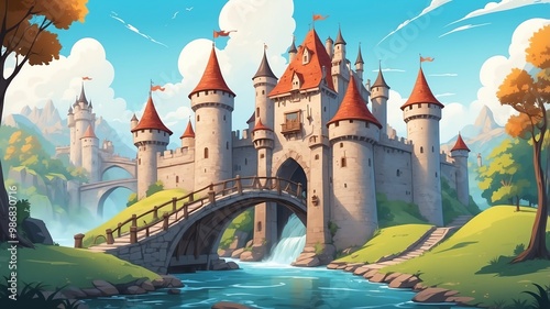 Charming Castle with Drawbridge Cartoon Background Design photo