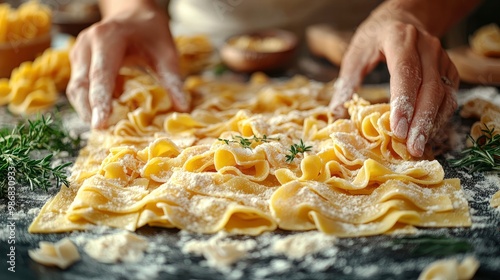 Fresh Homemade Pasta with Flour and Rosemary