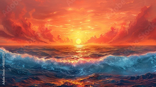 Coastal Horizon: A Vibrant Artistic Illustration of a Sunrise Over the Sea