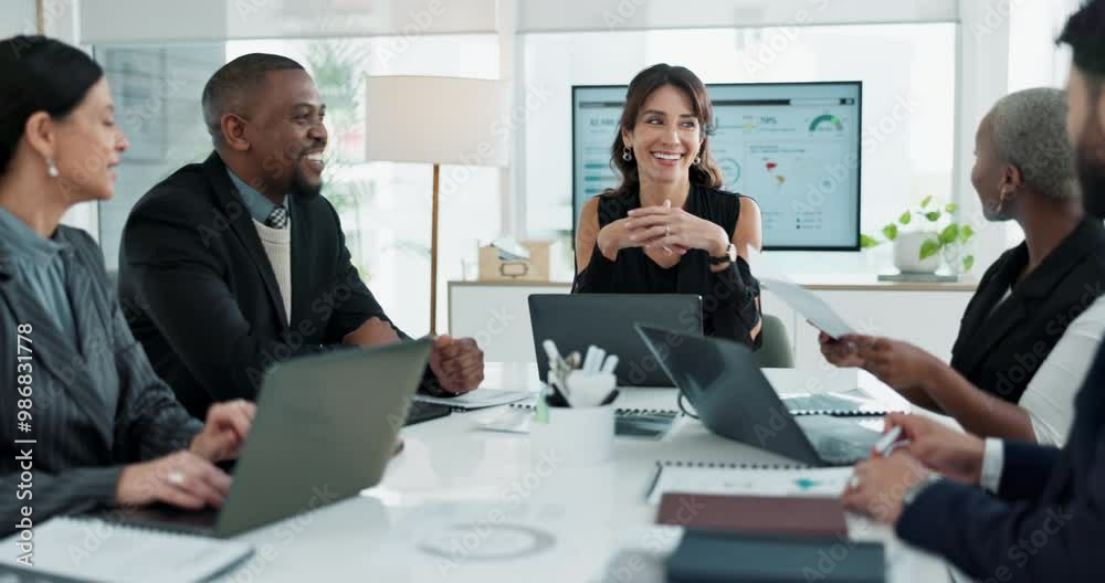 Meeting, laptop and business people with paperwork in office for company profit in market volatility. Documents, computer and team of financial analysts working on foreign exchange investment report.