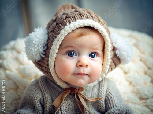 This little one wraps itself in charm, adorned with a cozy and stylish bonnet, capturing heartwarming moments for photo