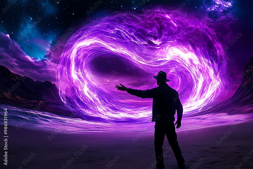Fototapeta premium Morpheus extending his hand, releasing waves of deep purple light that create surreal, dreamlike landscapes