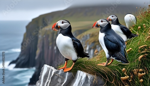 Nesting Atlantic Puffin on Noss Island Cliffs, Shetlands Wildlife Beauty photo