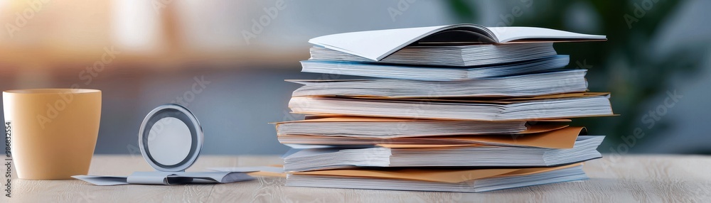 A stack of documents with a cup and coaster on a wooden table in a workspace setting. A stack of documents with a cup and coaster on a wooden table in a workspace setting.