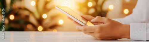 A person using a smartphone with a warm, blurred background of lights, symbolizing communication and connectivity.