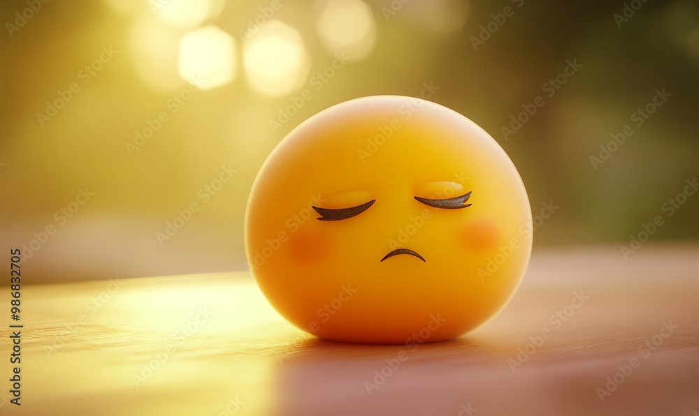 A Sad Emoji on Wooden Surface with a Warm, Blurry Background A Sad Emoji on Wooden Surface with a Warm, Blurry Background