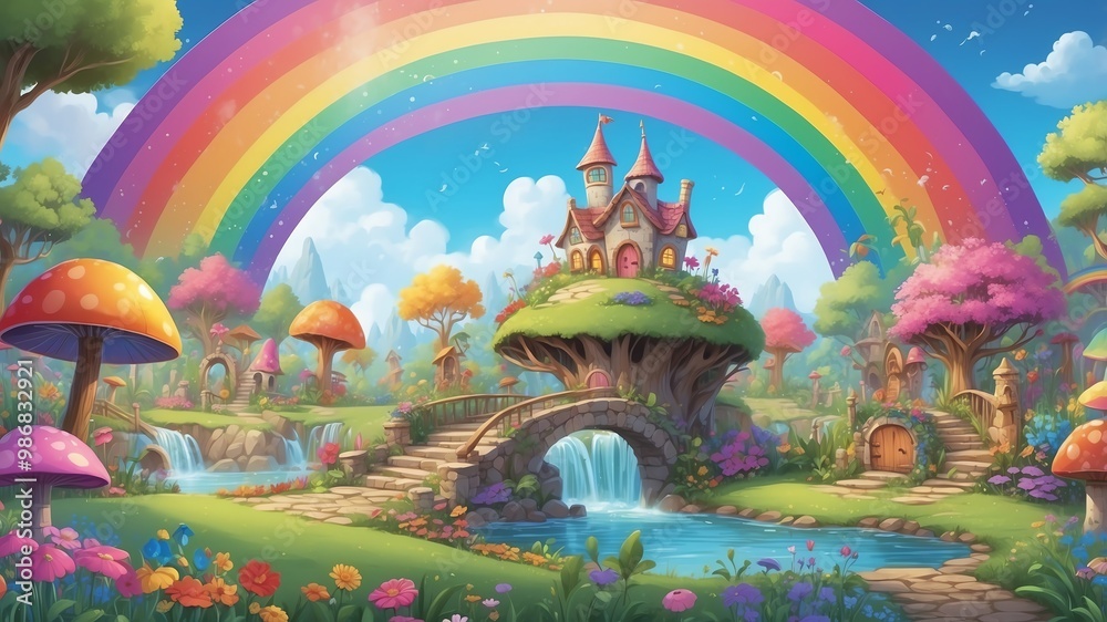 Fototapeta premium Colorful Rainbow Over the Fairy Garden Cartoon Background Design