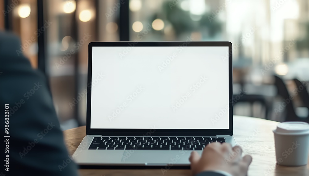 Person using laptop with blank screen for mockup Person using laptop with blank screen for mockup