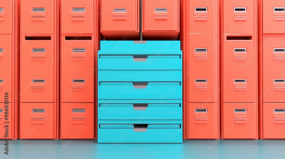 Colorful filing cabinets arranged in a sequence, featuring a central blue cabinet against vibrant red ones. Colorful filing cabinets arranged in a sequence, featuring a central blue cabinet against vibrant red ones.
