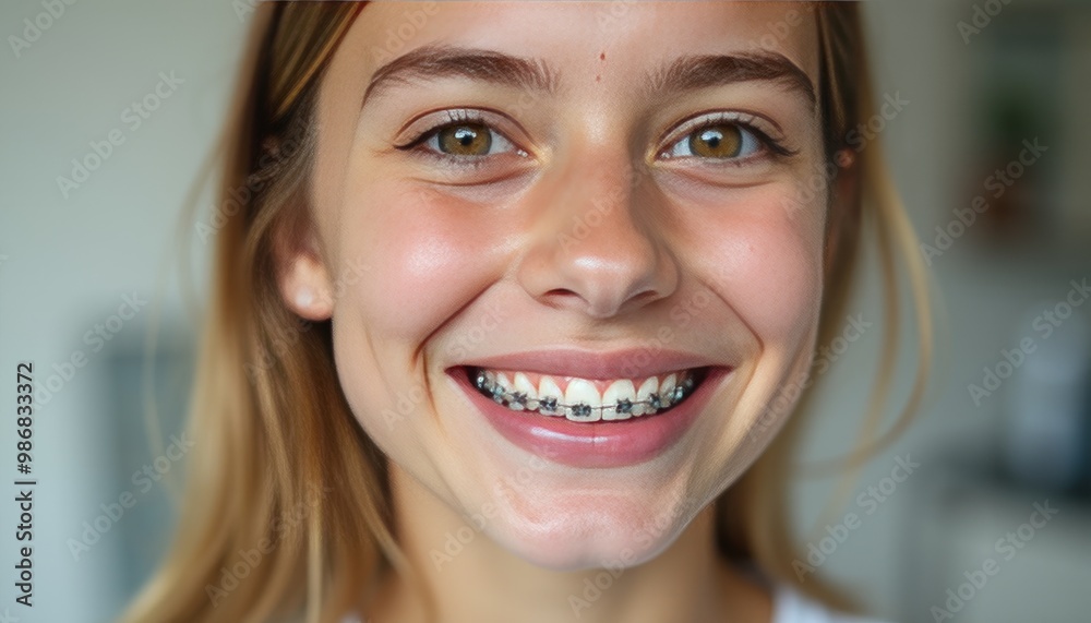 A girl with braces is smiling A girl with braces is smiling