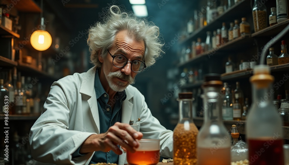 A man in a lab coat is holding a glass of beer in front of a shelf full of bottl A man in a lab coat is holding a glass of beer in front of a shelf full of bottl