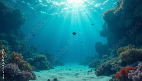 A deep blue ocean with a bright sun shining through the water