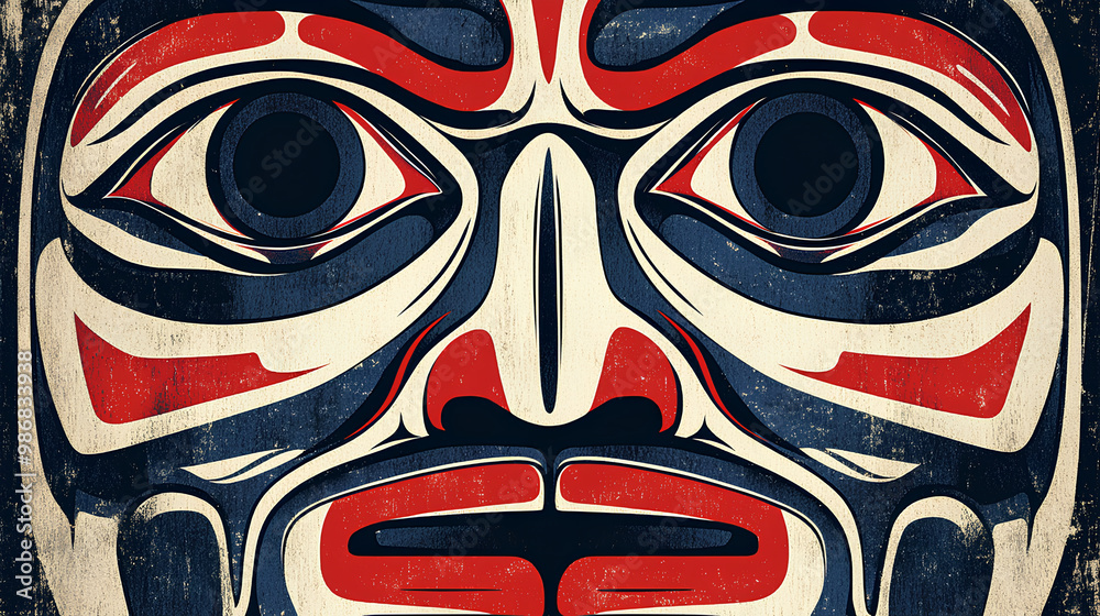 Traditional Inuit Haida Eskimo folk art of a stylized face mask in textured black, white and red and blue. Traditional Inuit Haida Eskimo folk art of a stylized face mask in textured black, white and red and blue.
