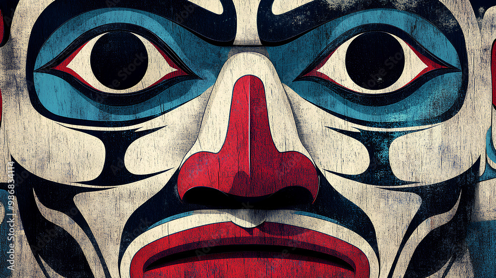 Traditional Inuit Haida Eskimo folk art of a stylized face mask in textured black, white and red and blue. Traditional Inuit Haida Eskimo folk art of a stylized face mask in textured black, white and red and blue.