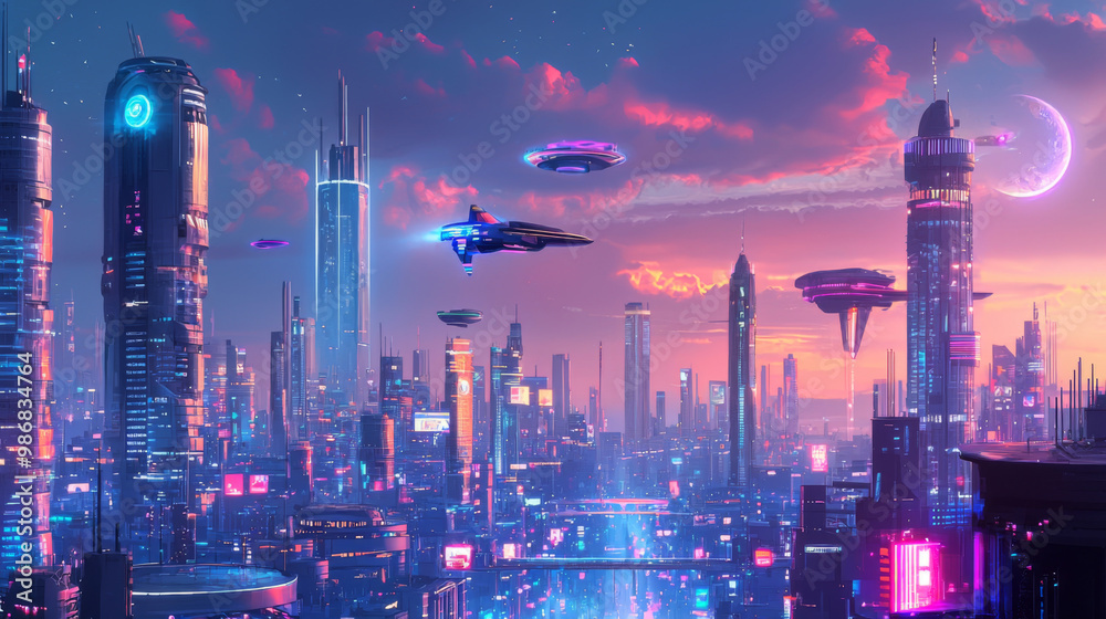 Fototapeta premium A cityscape with many buildings and a large space shuttle flying above it