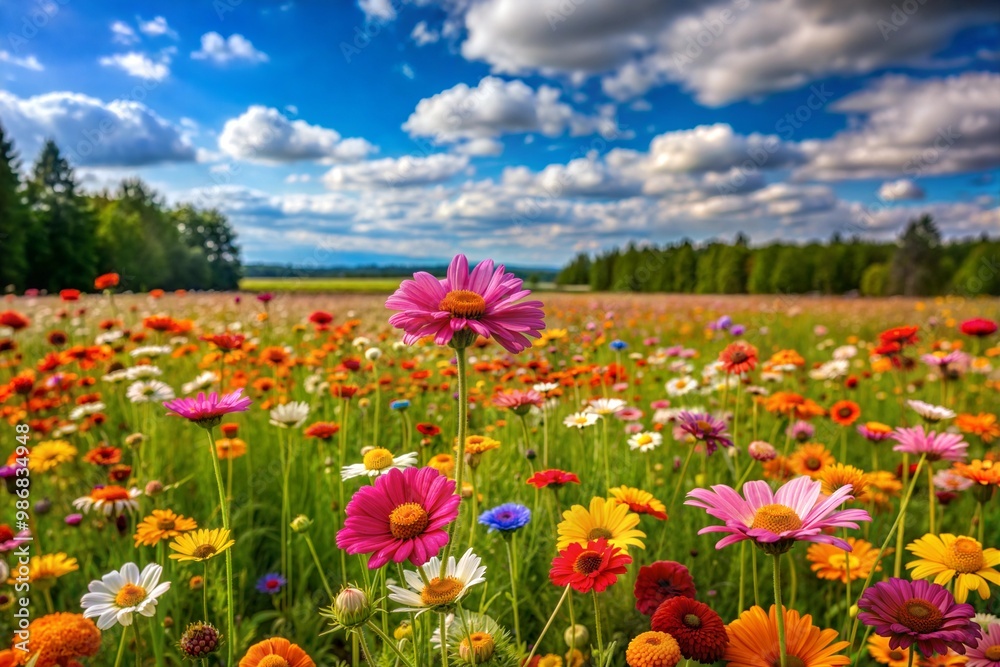 Wildflower meadow in full bloom under blue sky Wildflower meadow in full bloom under blue sky