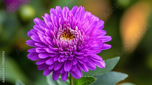 A close-up of a purple aster flower in full bloom, its petals soft and velvety, surrounded by green leaves