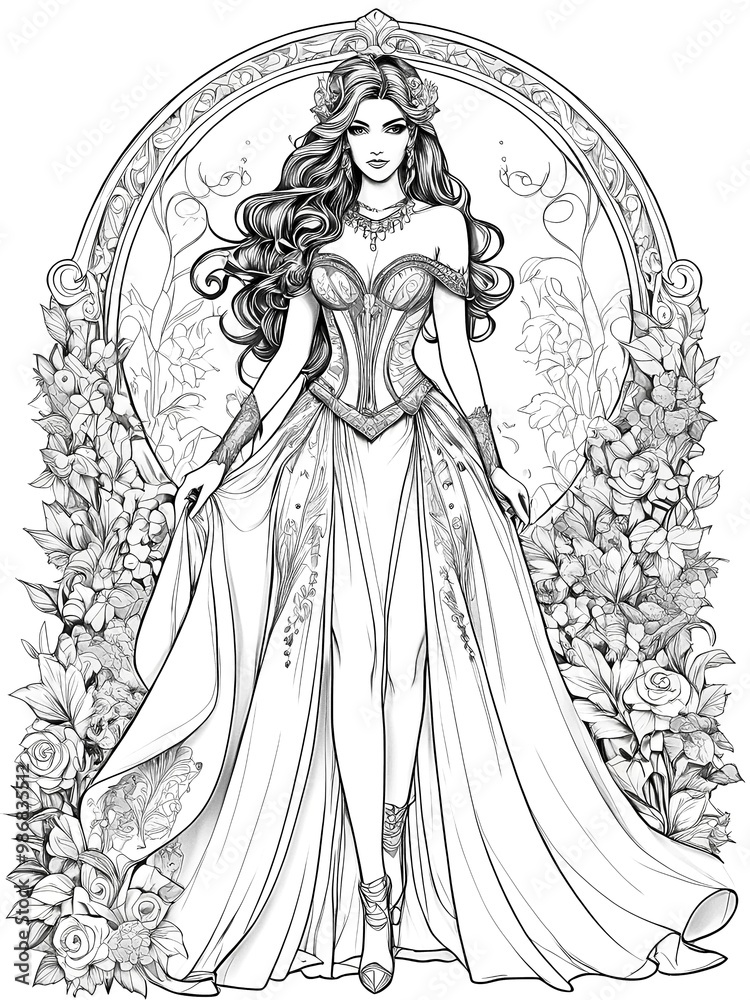Fototapeta premium Black-and-white illustration of a regal fantasy queen in a flowing gown, surrounded by intricate floral patterns. Perfect for adult coloring books, fantasy art, and creative design projects.