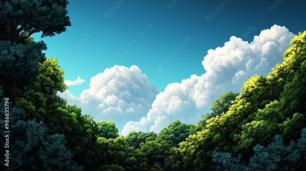 Obraz premium A breathtaking view of lush green forest canopy reaching up towards a bright blue sky adorned with fluffy white clouds. The scene evokes feelings of peace, tranquility, and the beauty of nature.
