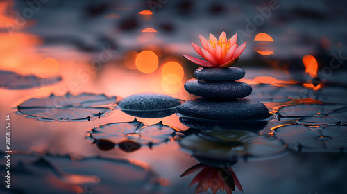 Lotus flower on stacked stones in tranquil water at sunset. Zen and meditation concept. Suitable for wellness retreats, spa advertisements, or relaxation theme, generative ai