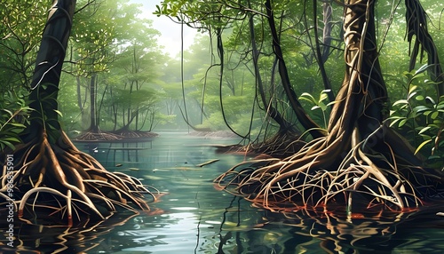 Serene mangrove swamp showcasing tangled roots and brackish waters, home to unique coastal species and highlighting the importance of coastal wetlands photo