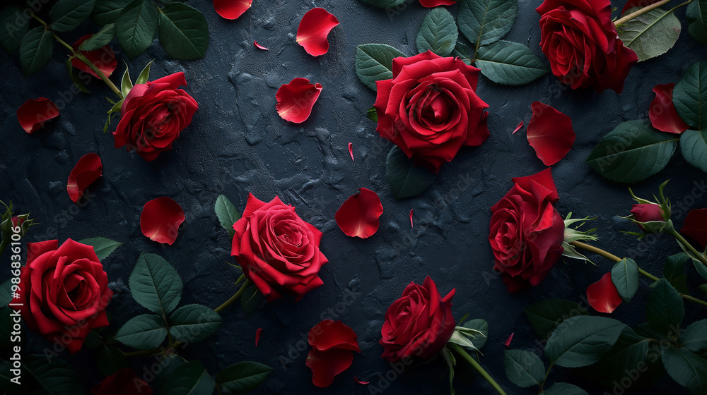 Red roses and scattered petals on dark textured background. Flat lay composition with copy space. Romance and beauty concept for greeting cards and invitations design ,generative ai Red roses and scattered petals on dark textured background. Flat lay composition with copy space. Romance and beauty concept for greeting cards and invitations design ,generative ai