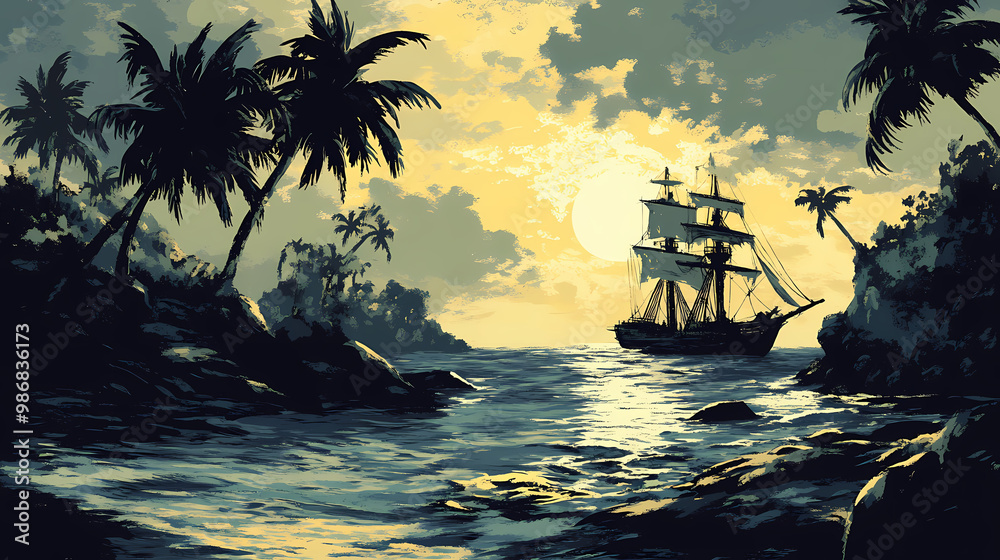 Fototapeta premium Dark vintage comic book pirate island, desert island landscape. Deserted Island. Illustration