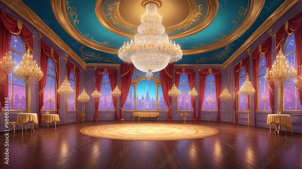 Obraz premium Enchanted Ballroom with Chandeliers Cartoon Background Design