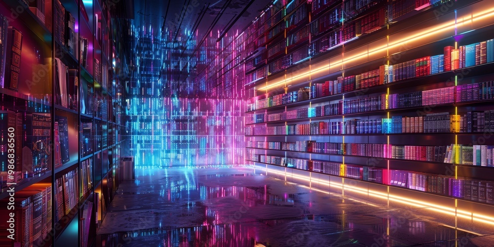 A digital library interface featuring an array of colorful e-books and interactive search options, set in a high-tech, immersive virtual space with dynamic lighting A digital library interface featuring an array of colorful e-books and interactive search options, set in a high-tech, immersive virtual space with dynamic lighting