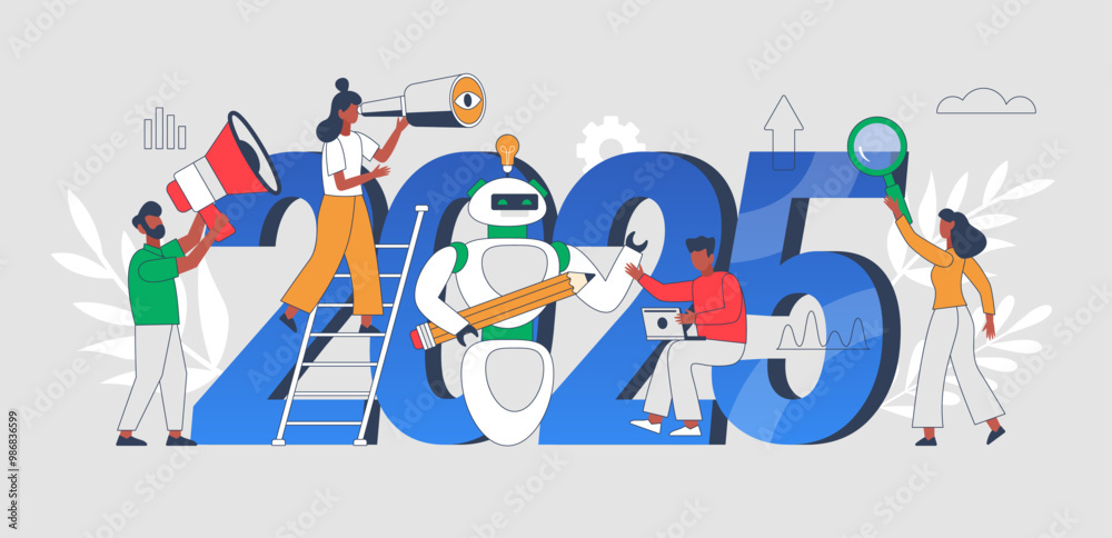 Fototapeta premium New Year 2025 trends, plans and growth business concept. Modern vector illustration of people analyzing trends and using AI technology