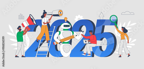 New Year 2025 trends, plans and growth business concept.  Modern vector illustration of people analyzing trends and using AI technology