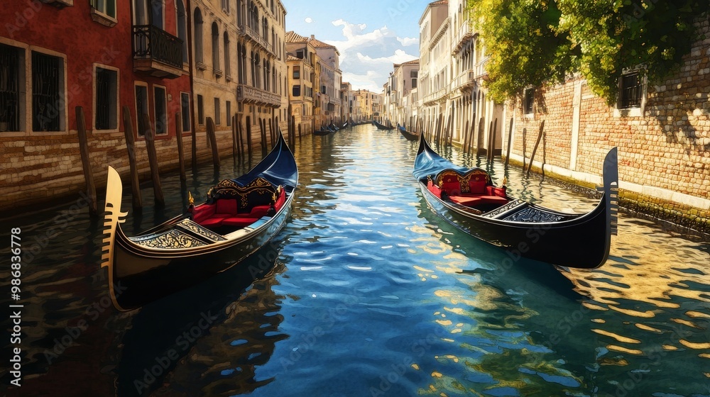 A charming watercolor scene of two gondolas gliding gracefully through a picturesque Venetian canal, showcasing the city's romantic charm, traditional architecture, and serene waterways. A charming watercolor scene of two gondolas gliding gracefully through a picturesque Venetian canal, showcasing the city's romantic charm, traditional architecture, and serene waterways.