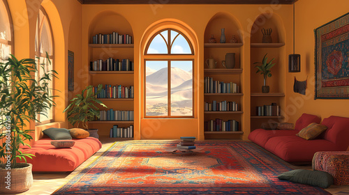 Desert hues caravanserai: silk road living room with archway bookshelves. Silk Road. Illustration