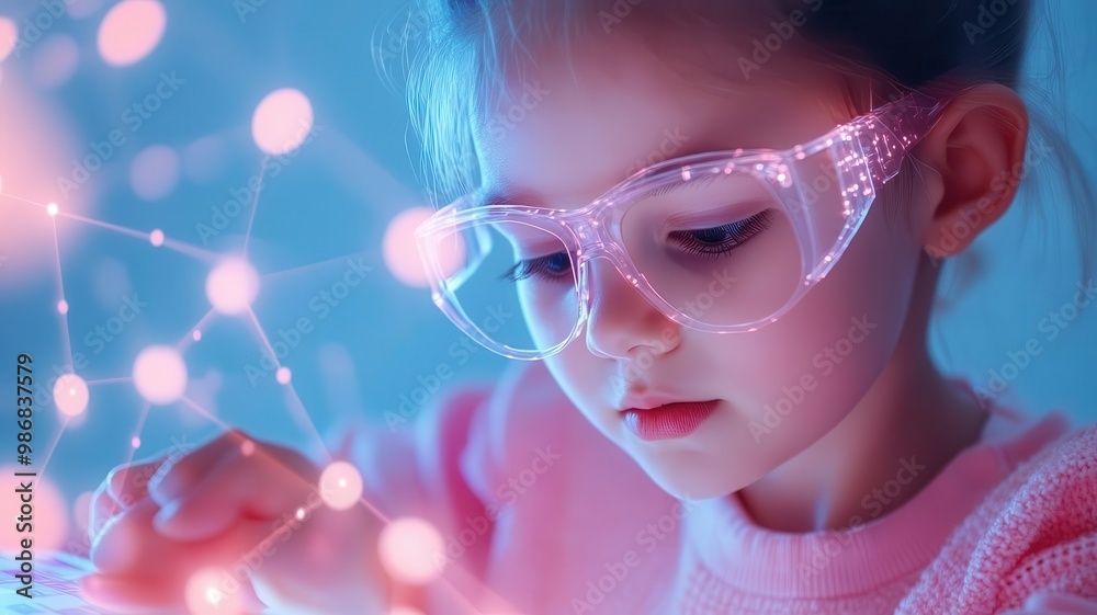 Young girl in pink glasses looking at glowing lights, futuristic technology concept. Young girl in pink glasses looking at glowing lights, futuristic technology concept.