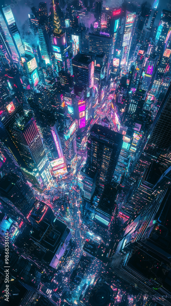 A cityscape with neon lights and tall buildings A cityscape with neon lights and tall buildings